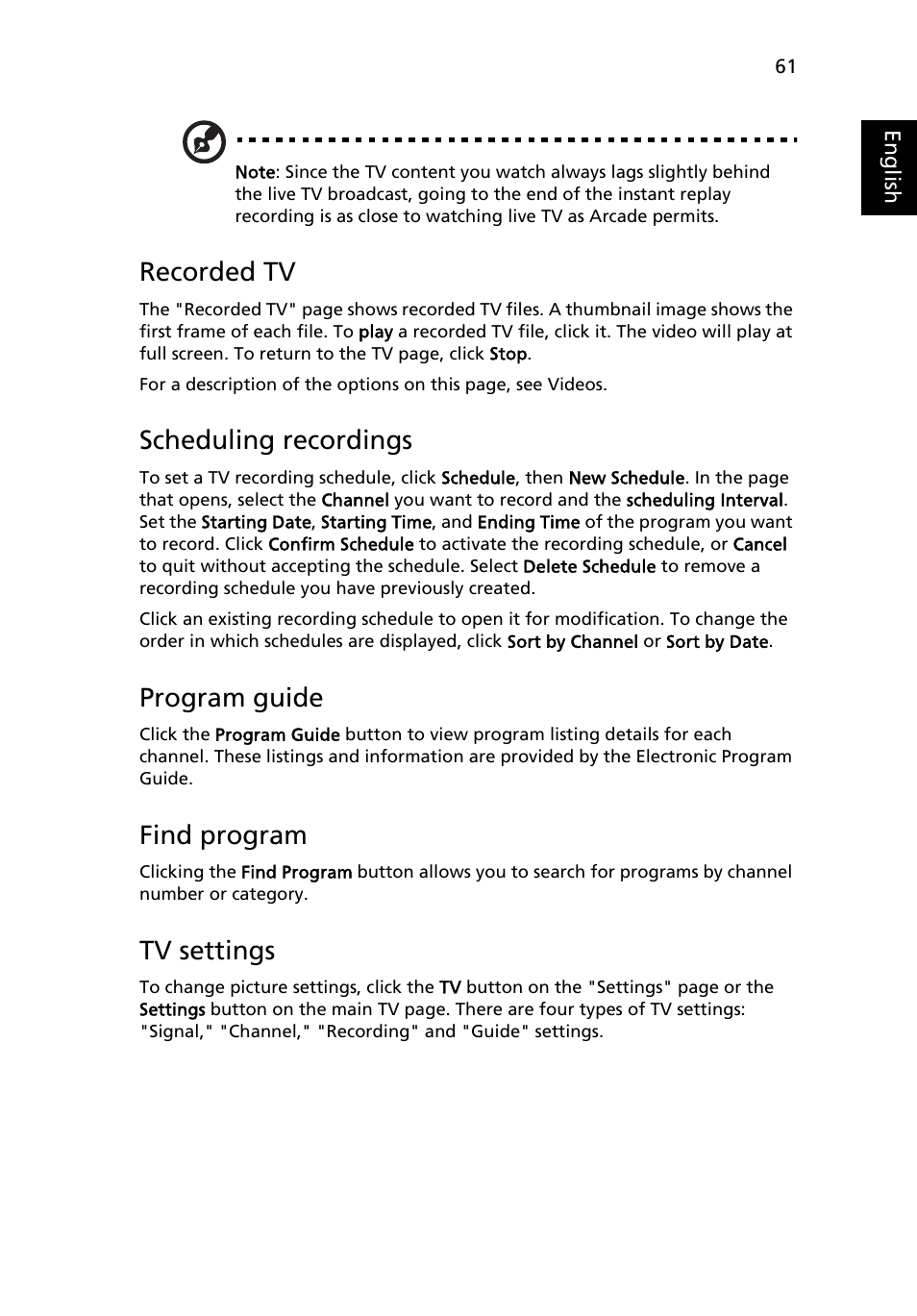 Recorded tv, Scheduling recordings, Program guide | Find program, Tv settings | Acer Aspire 9120 User Manual | Page 79 / 121