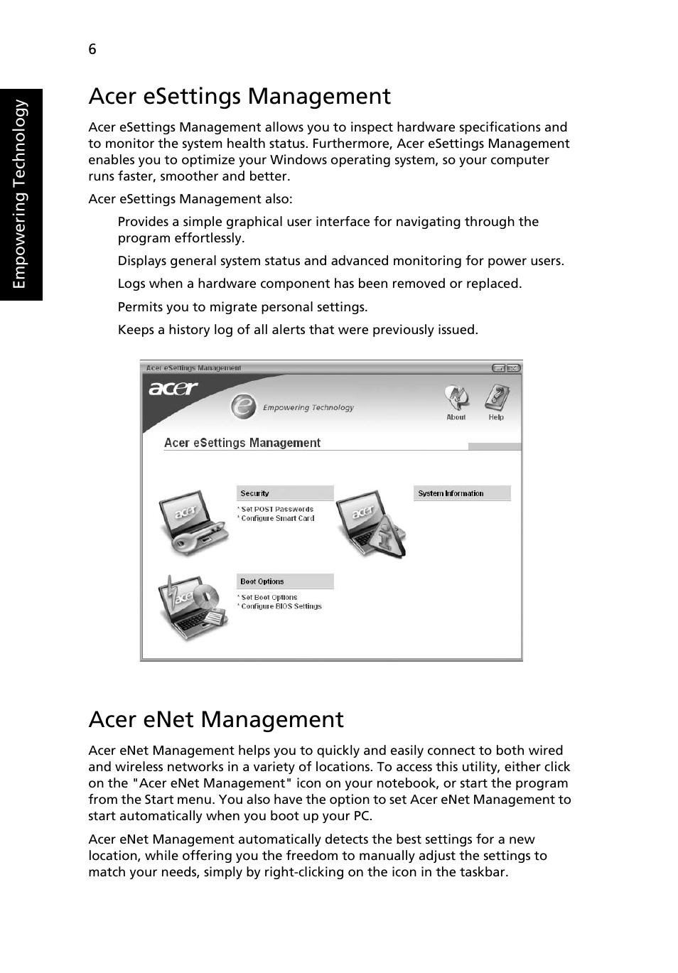 Acer esettings management, Acer enet management | Acer Aspire 5620 User Manual | Page 18 / 107