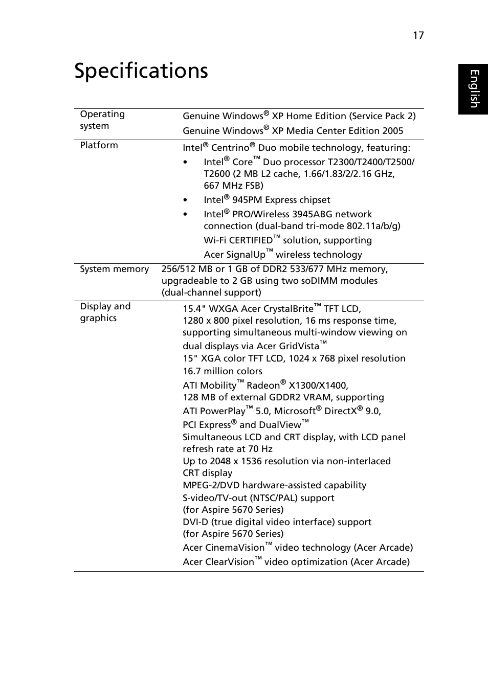 Specifications, Eng lis h | Acer Aspire 5620 User Manual | Page 29 / 107