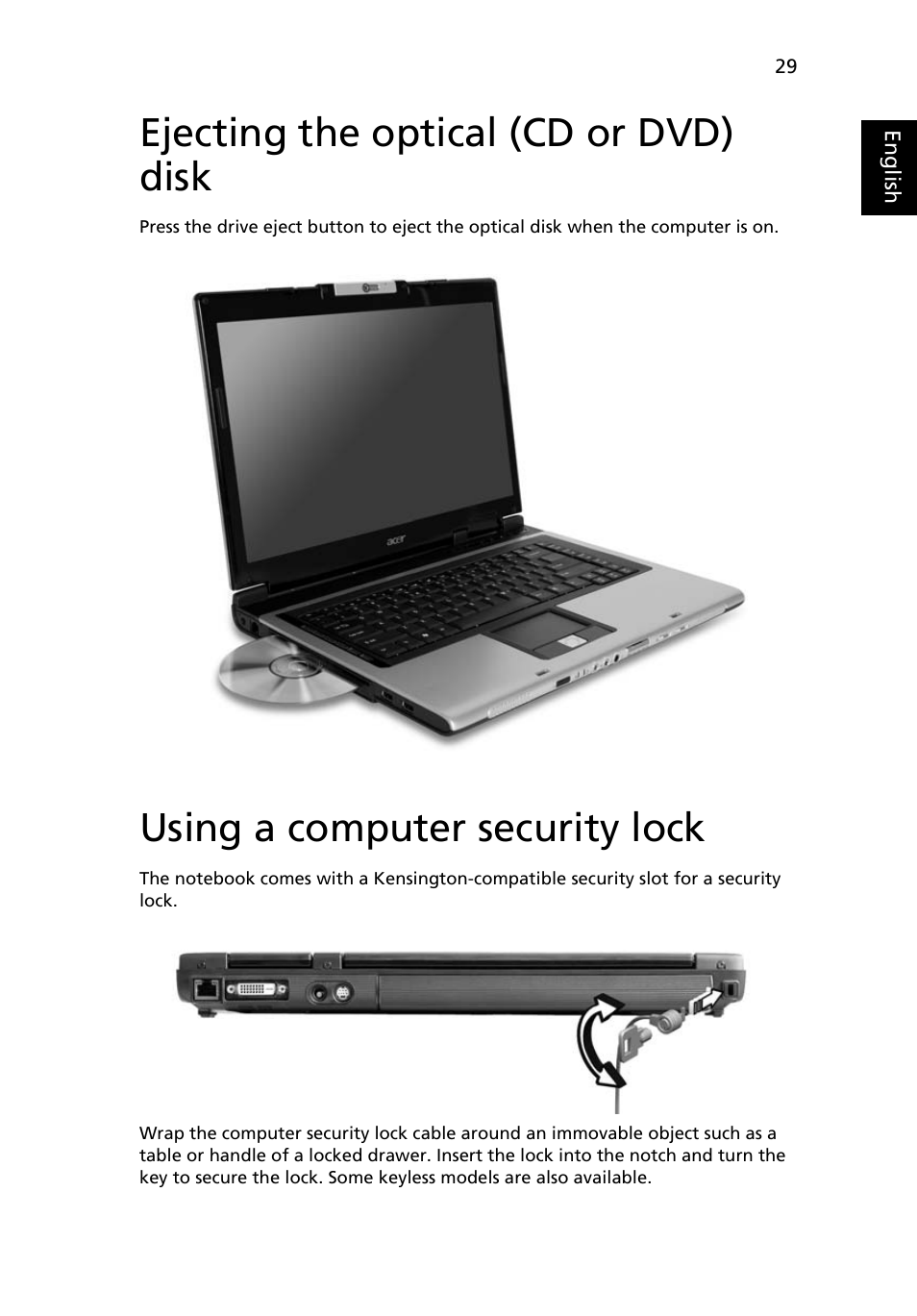 Ejecting the optical (cd or dvd) disk, Using a computer security lock | Acer Aspire 5620 User Manual | Page 41 / 107