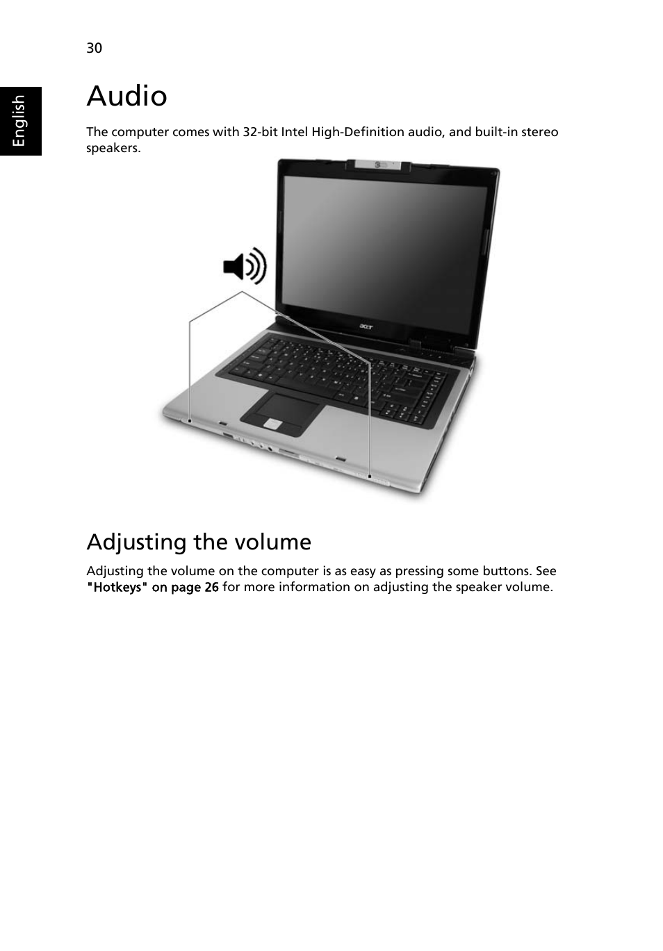 Audio, Adjusting the volume | Acer Aspire 5620 User Manual | Page 42 / 107
