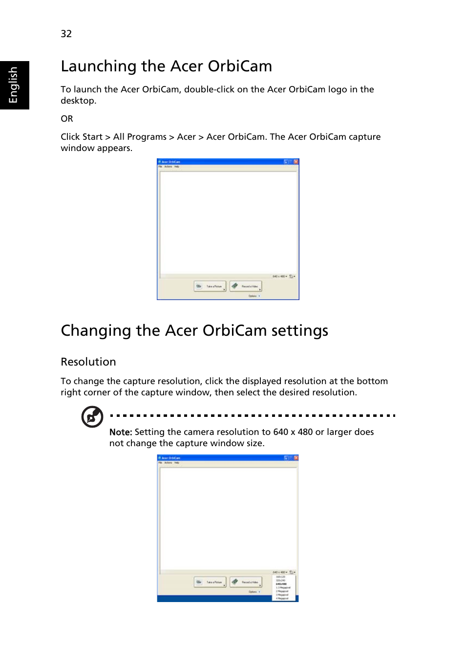 Launching the acer orbicam, Changing the acer orbicam settings | Acer Aspire 5620 User Manual | Page 44 / 107