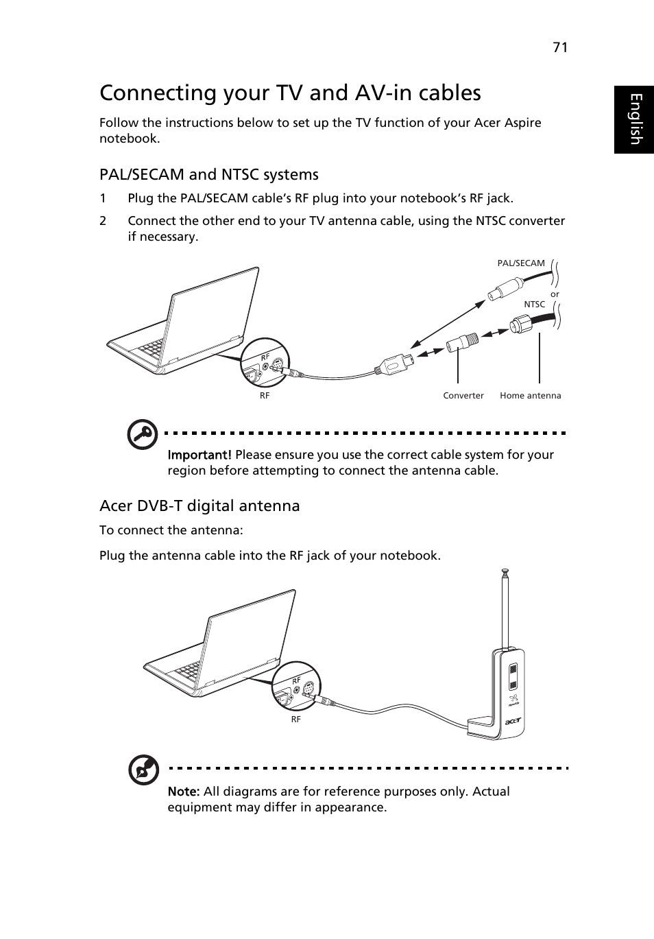 Connecting your tv and av-in cables, Eng lis h, Pal/secam and ntsc systems | Acer dvb-t digital antenna | Acer Aspire 5620 User Manual | Page 83 / 107