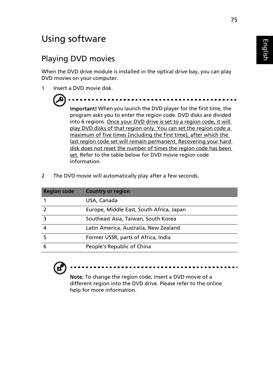 Using software, Playing dvd movies | Acer Aspire 5620 User Manual | Page 87 / 107