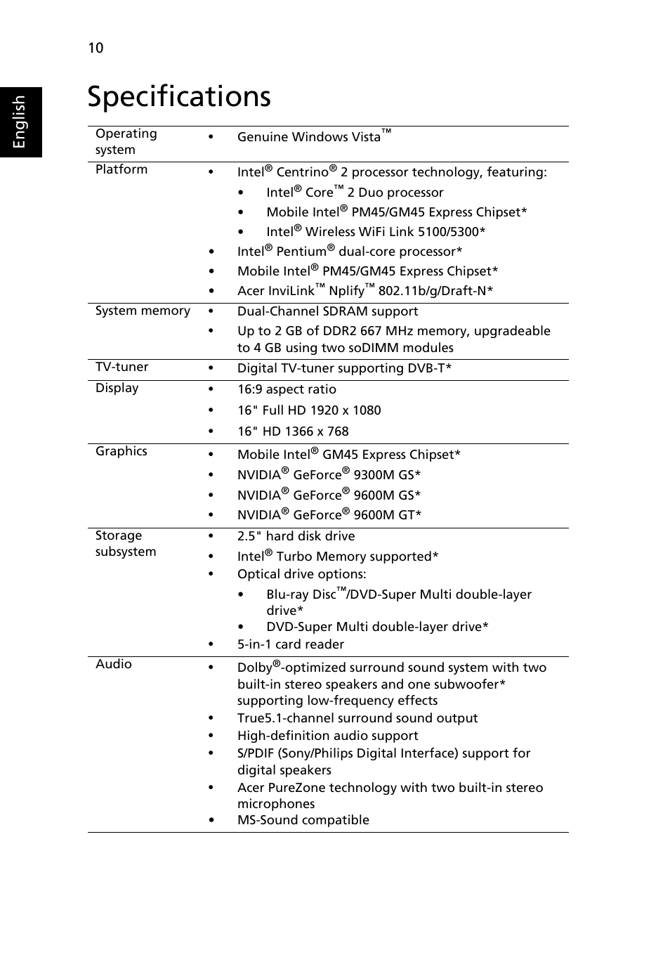 Specifications, English | Acer Aspire 6930Z User Manual | Page 10 / 12