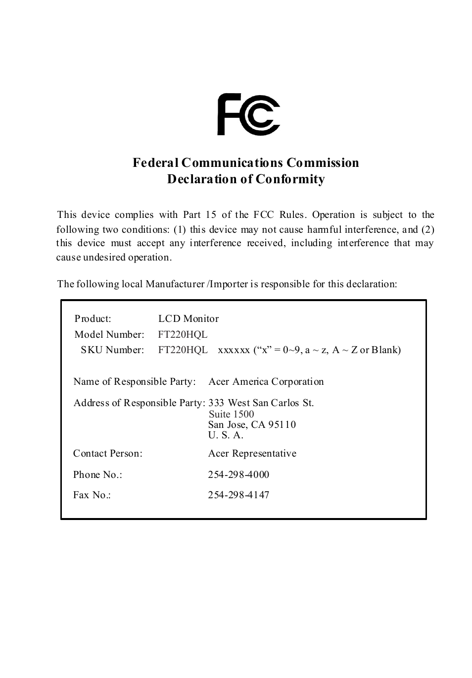 Acer FT220HQL User Manual | Page 11 / 30