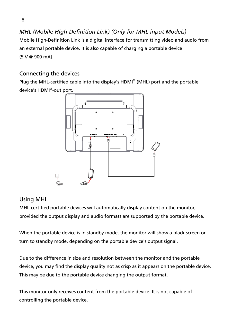 Connecting the devices, Using mhl | Acer FT220HQL User Manual | Page 20 / 30