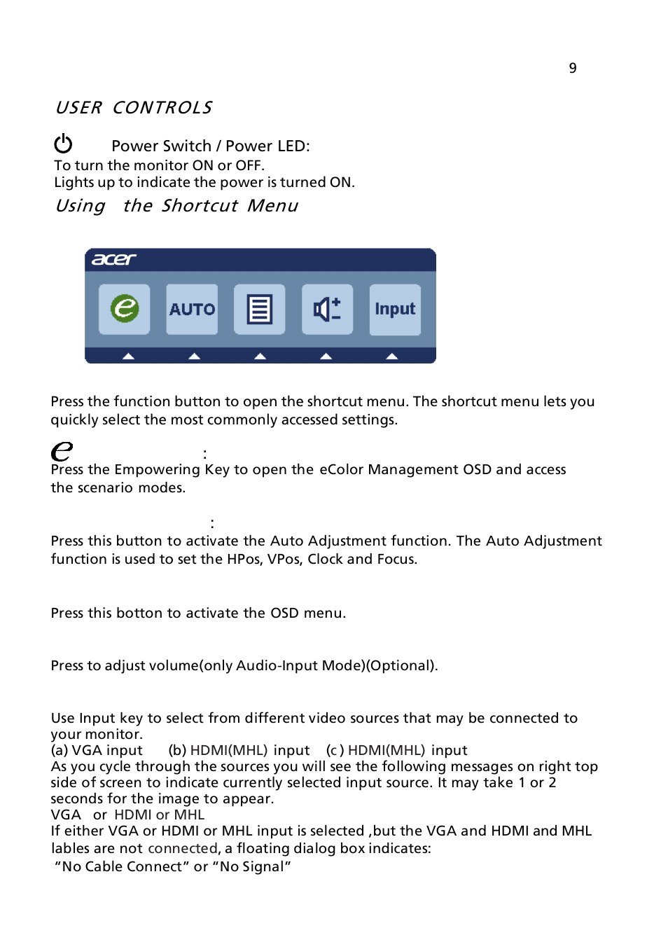 User controls, Using the shortcut menu | Acer FT220HQL User Manual | Page 21 / 30