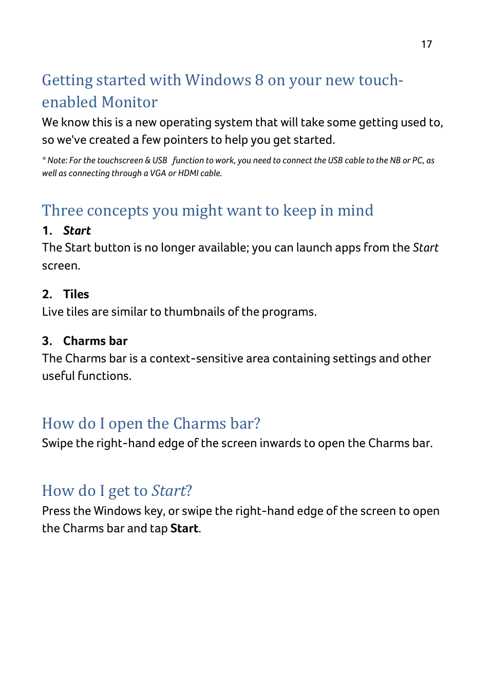 Three concepts you might want to keep in mind, How do i open the charms bar, How do i get to start | Acer FT220HQL User Manual | Page 29 / 30