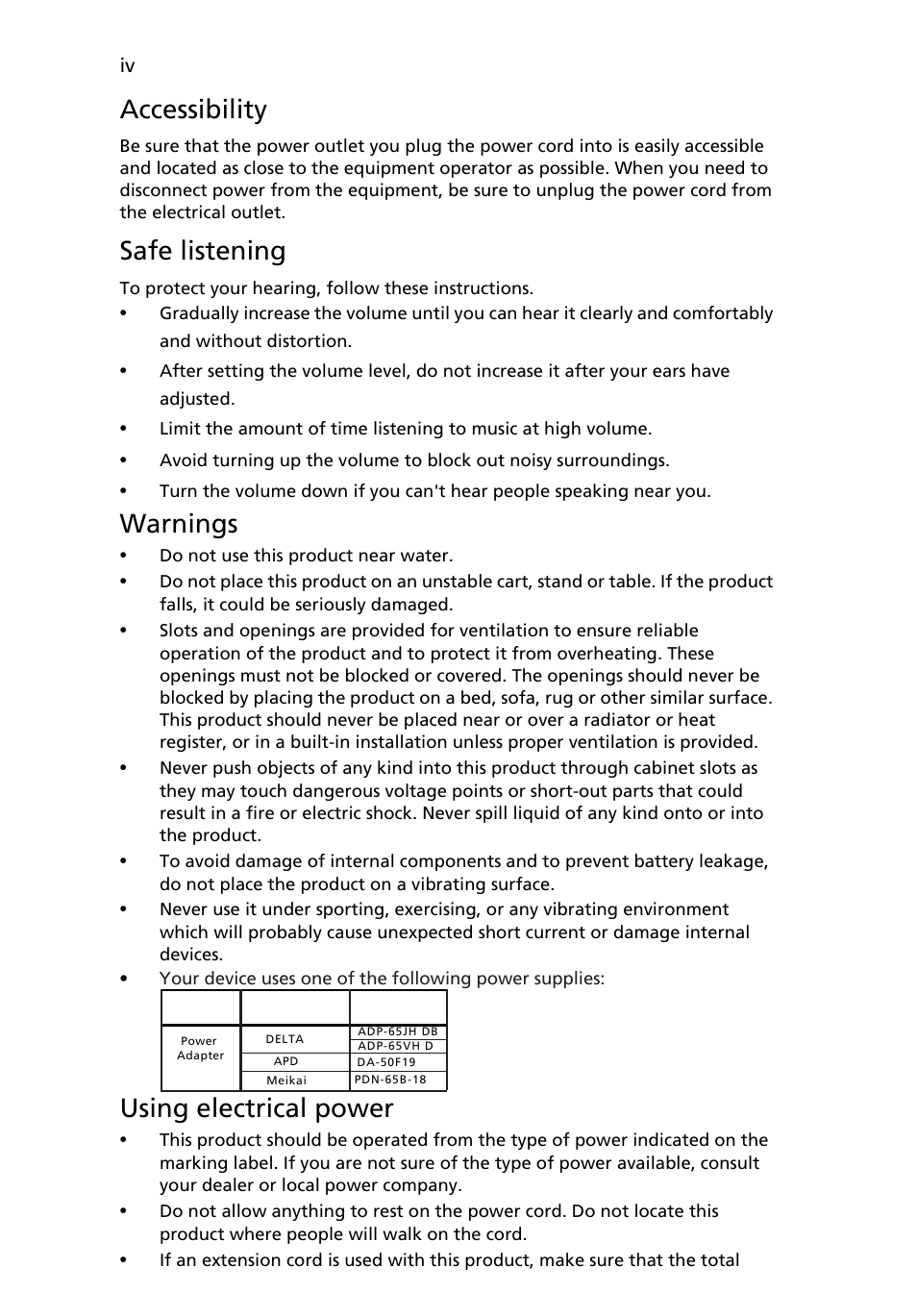 Accessibility, Safe listening, Warnings | Using electrical power | Acer FT220HQL User Manual | Page 4 / 30