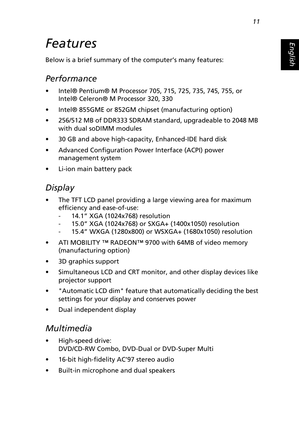 Features, Performance, Display | Multimedia | Acer Extensa 3000 User Manual | Page 19 / 100