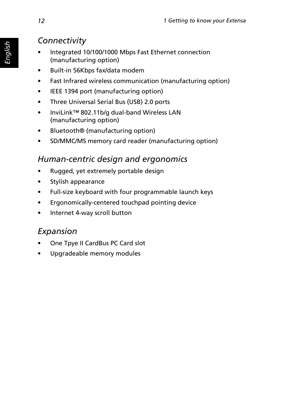 Connectivity, Human-centric design and ergonomics, Expansion | Acer Extensa 3000 User Manual | Page 20 / 100