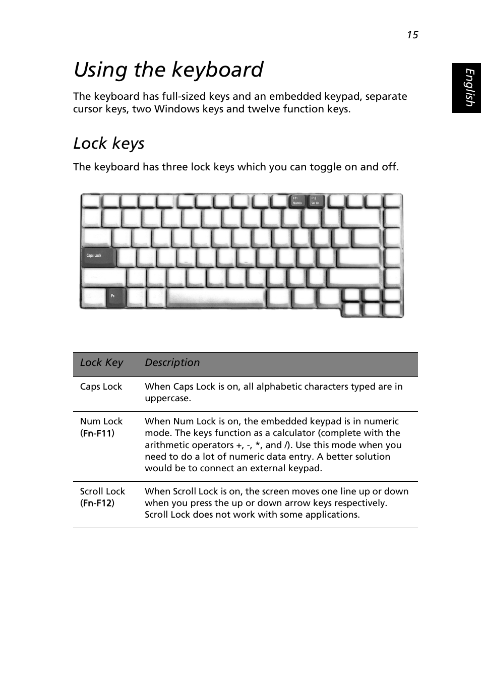 Using the keyboard, Lock keys | Acer Extensa 3000 User Manual | Page 23 / 100