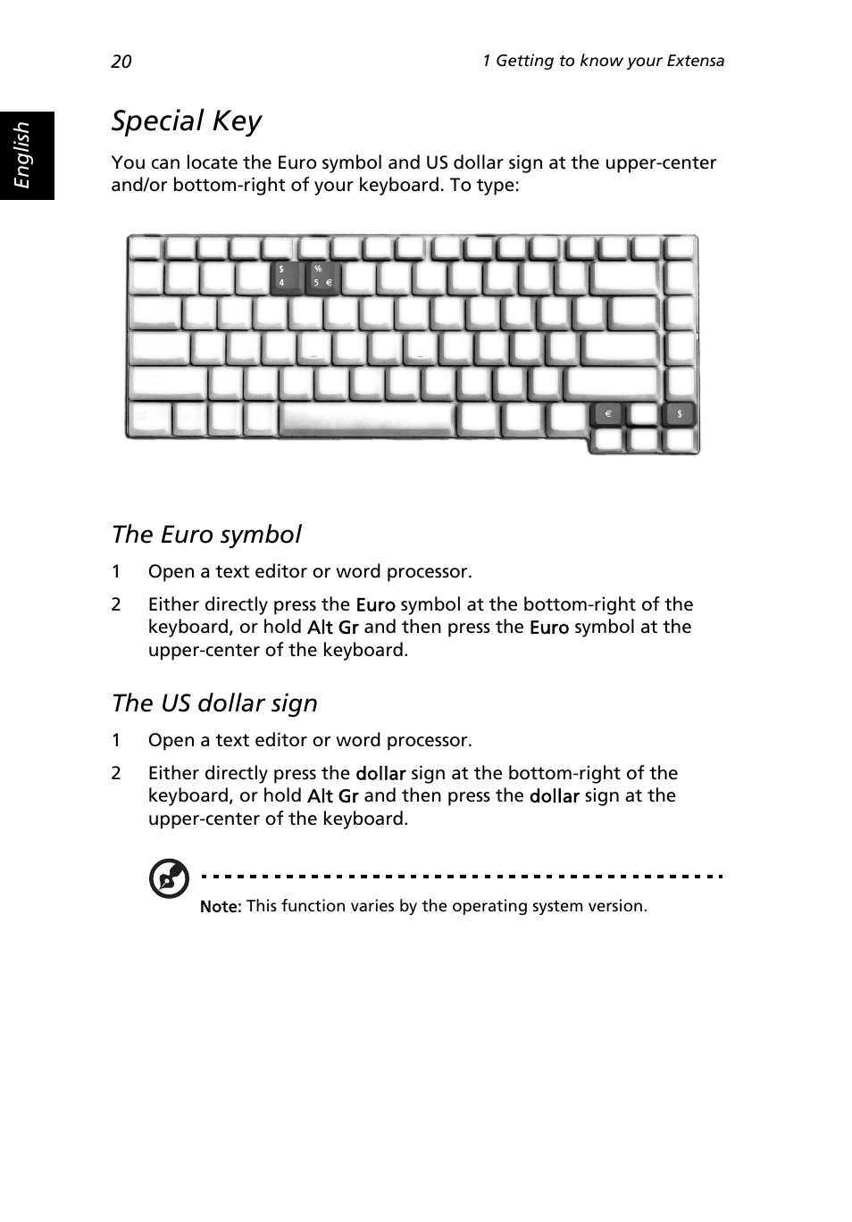 Special key, The euro symbol, The us dollar sign | Acer Extensa 3000 User Manual | Page 28 / 100