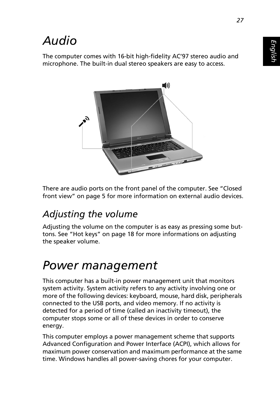 Audio, Adjusting the volume, Power management | Acer Extensa 3000 User Manual | Page 35 / 100