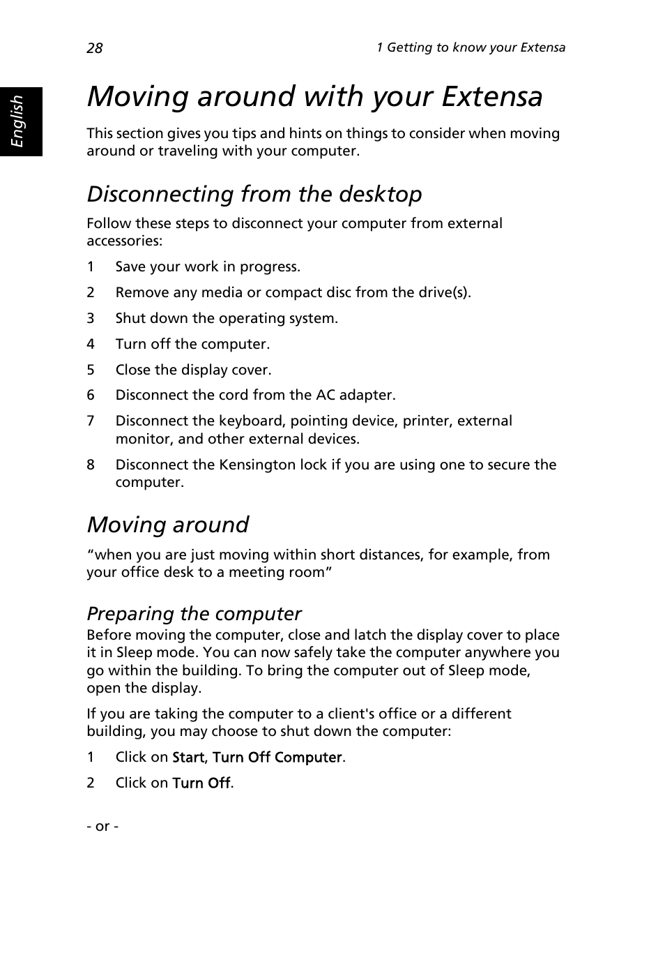 Moving around with your extensa, Disconnecting from the desktop, Moving around | Preparing the computer | Acer Extensa 3000 User Manual | Page 36 / 100