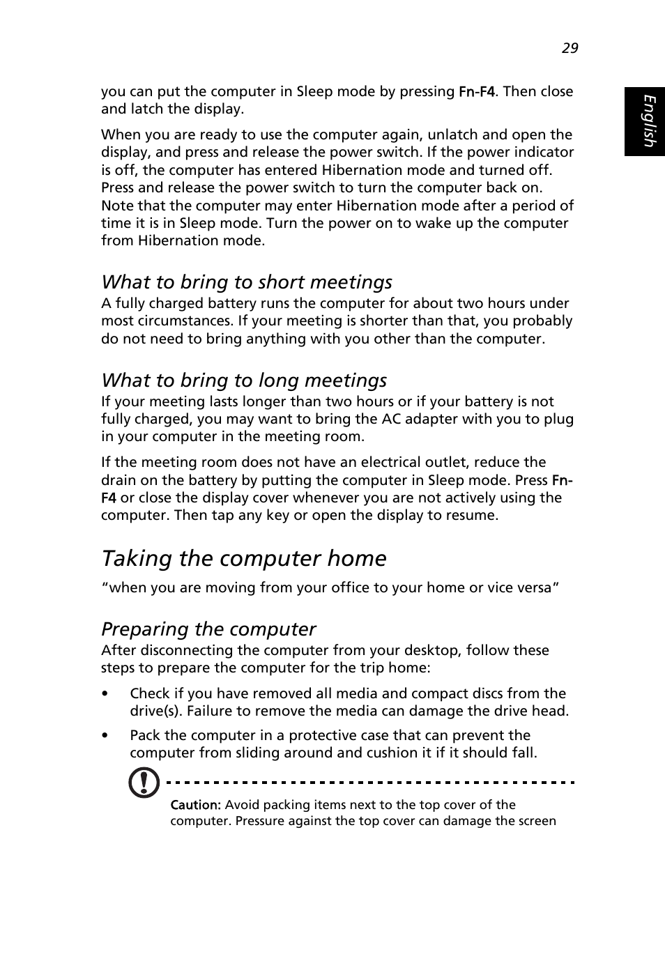 Taking the computer home, What to bring to short meetings, What to bring to long meetings | Preparing the computer | Acer Extensa 3000 User Manual | Page 37 / 100