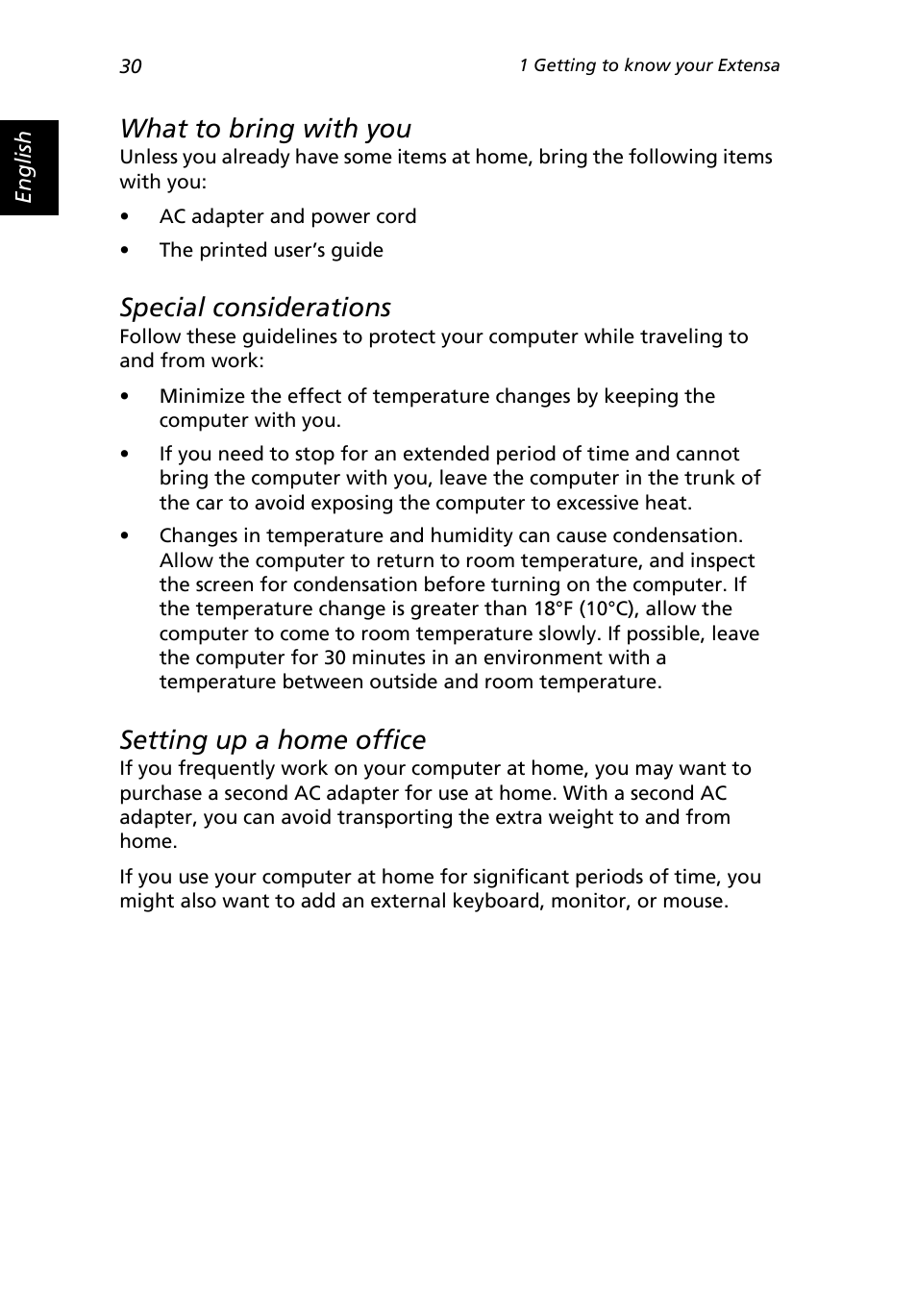 What to bring with you, Special considerations, Setting up a home office | Acer Extensa 3000 User Manual | Page 38 / 100