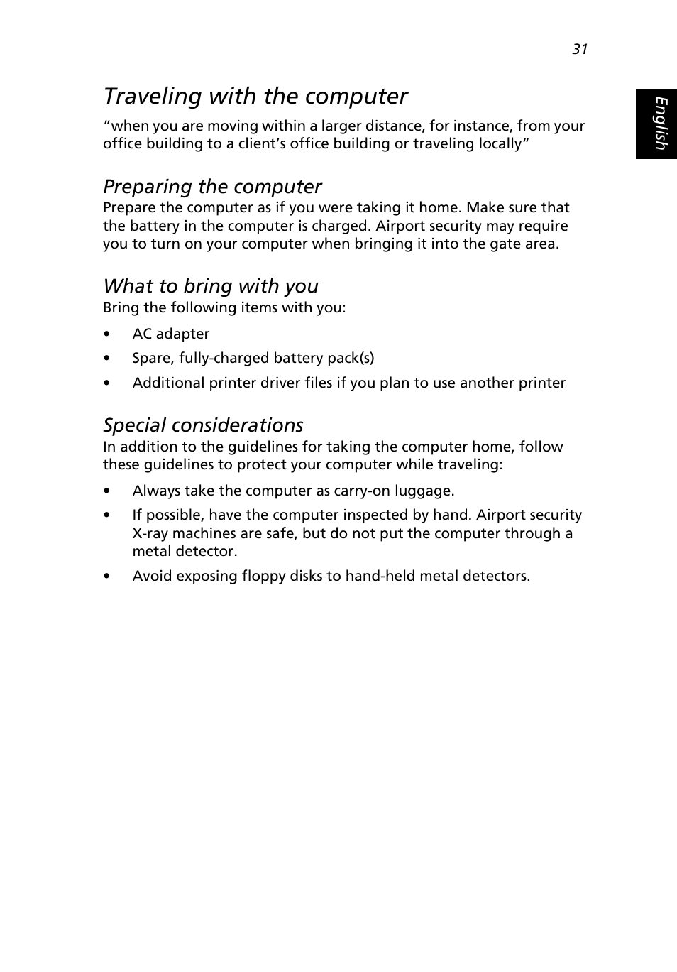 Traveling with the computer, Preparing the computer, What to bring with you | Special considerations | Acer Extensa 3000 User Manual | Page 39 / 100