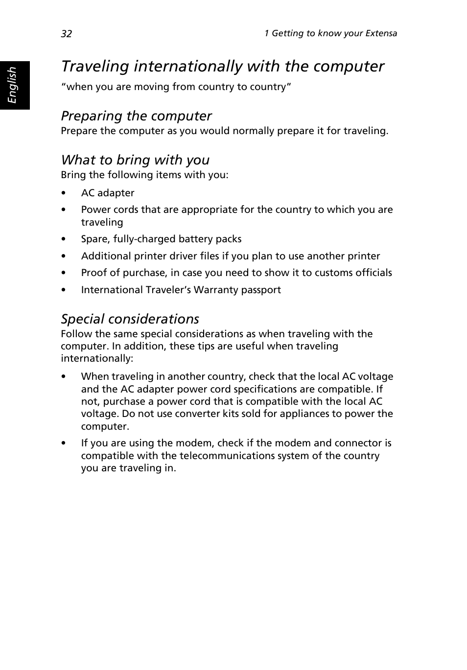 Traveling internationally with the computer, Preparing the computer, What to bring with you | Special considerations | Acer Extensa 3000 User Manual | Page 40 / 100