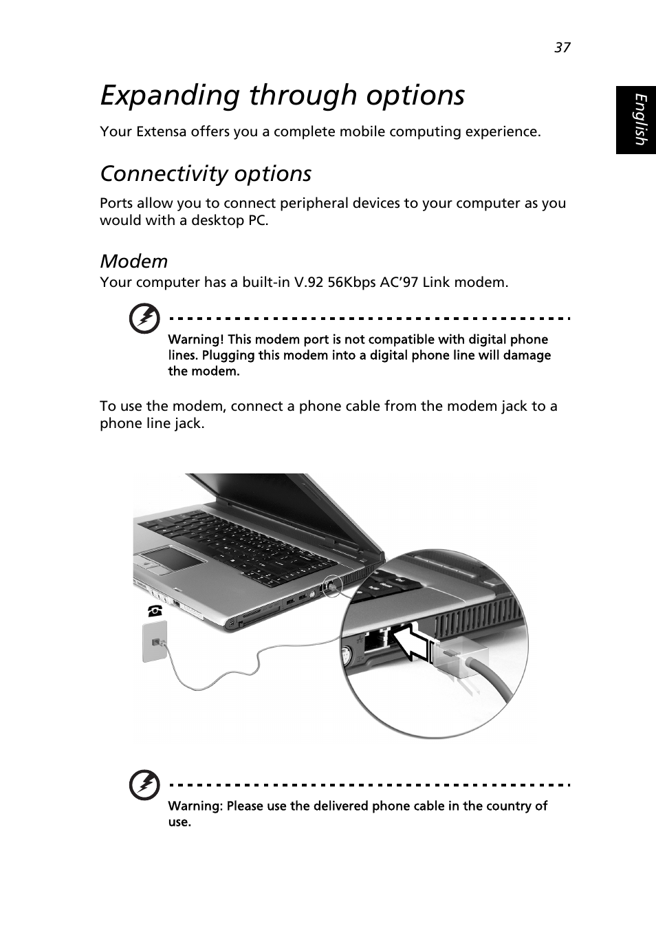 Expanding through options, Connectivity options, Modem | Acer Extensa 3000 User Manual | Page 45 / 100