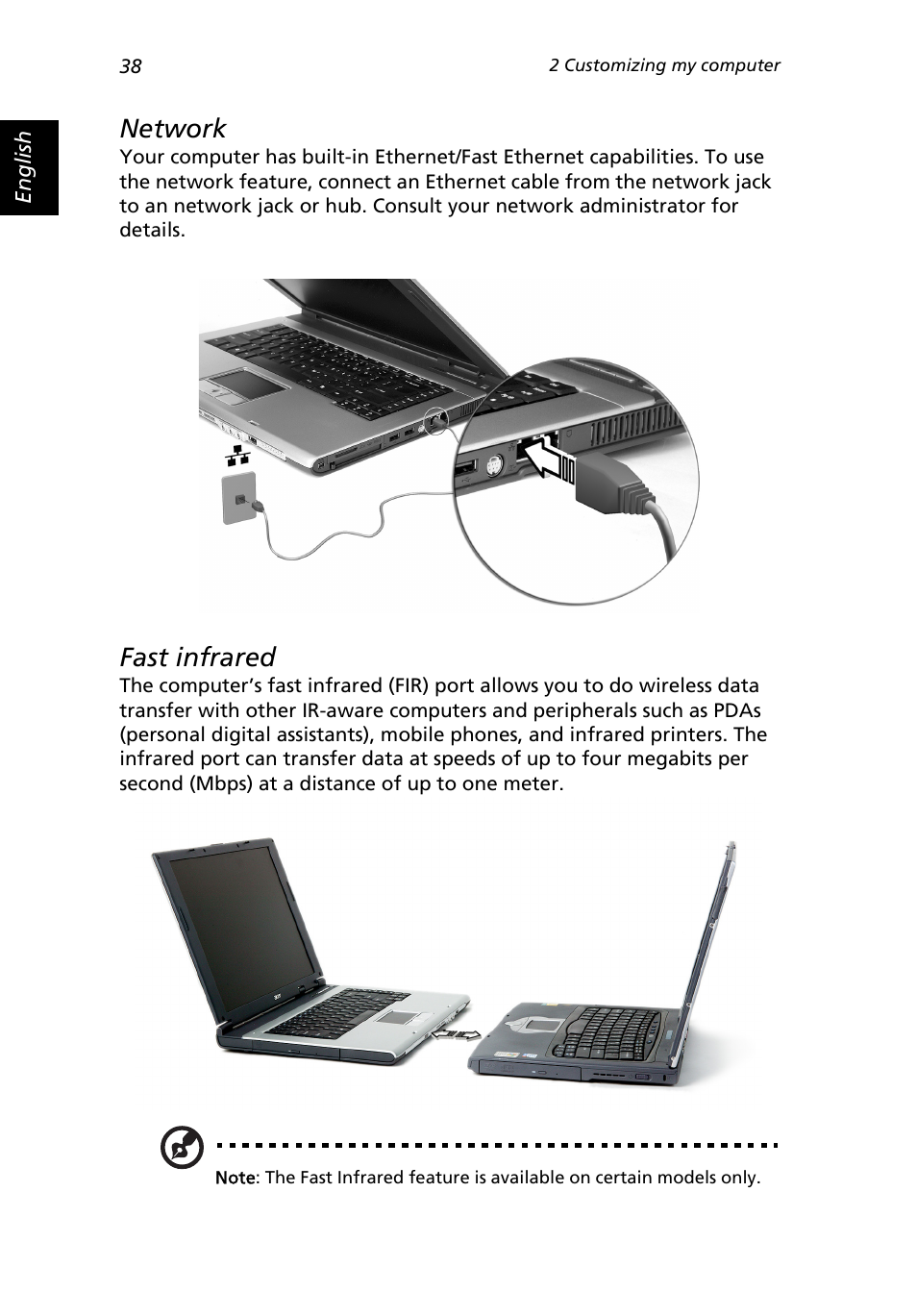 Network, Fast infrared | Acer Extensa 3000 User Manual | Page 46 / 100