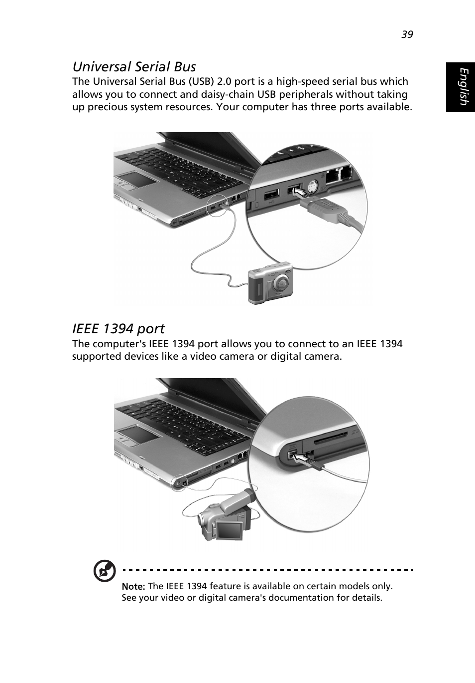 Universal serial bus, Ieee 1394 port | Acer Extensa 3000 User Manual | Page 47 / 100
