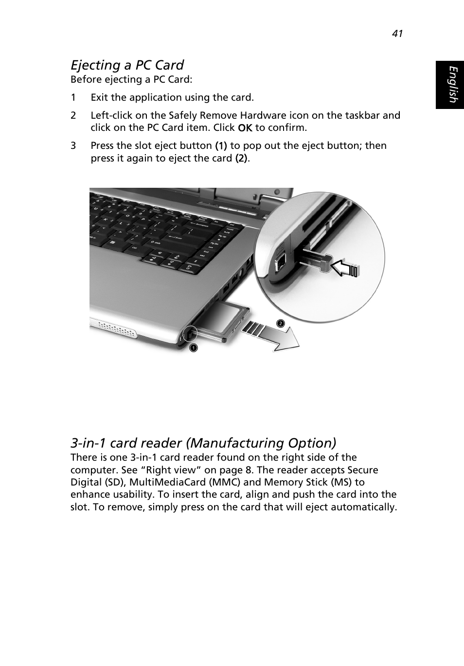 Ejecting a pc card, In-1 card reader (manufacturing option) | Acer Extensa 3000 User Manual | Page 49 / 100