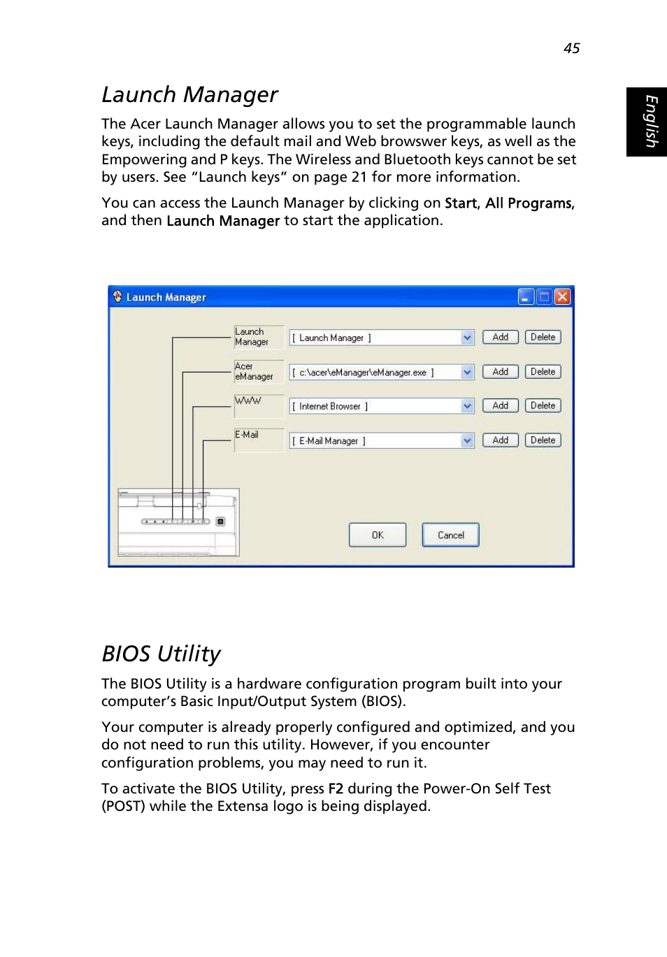 Launch manager, Bios utility | Acer Extensa 3000 User Manual | Page 53 / 100