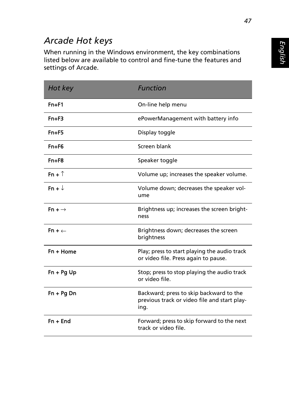 Arcade hot keys | Acer Extensa 3000 User Manual | Page 55 / 100