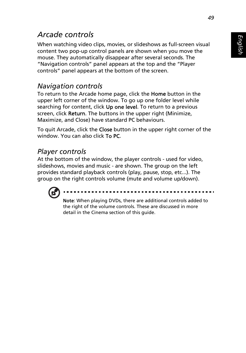 Arcade controls, Navigation controls, Player controls | Acer Extensa 3000 User Manual | Page 57 / 100