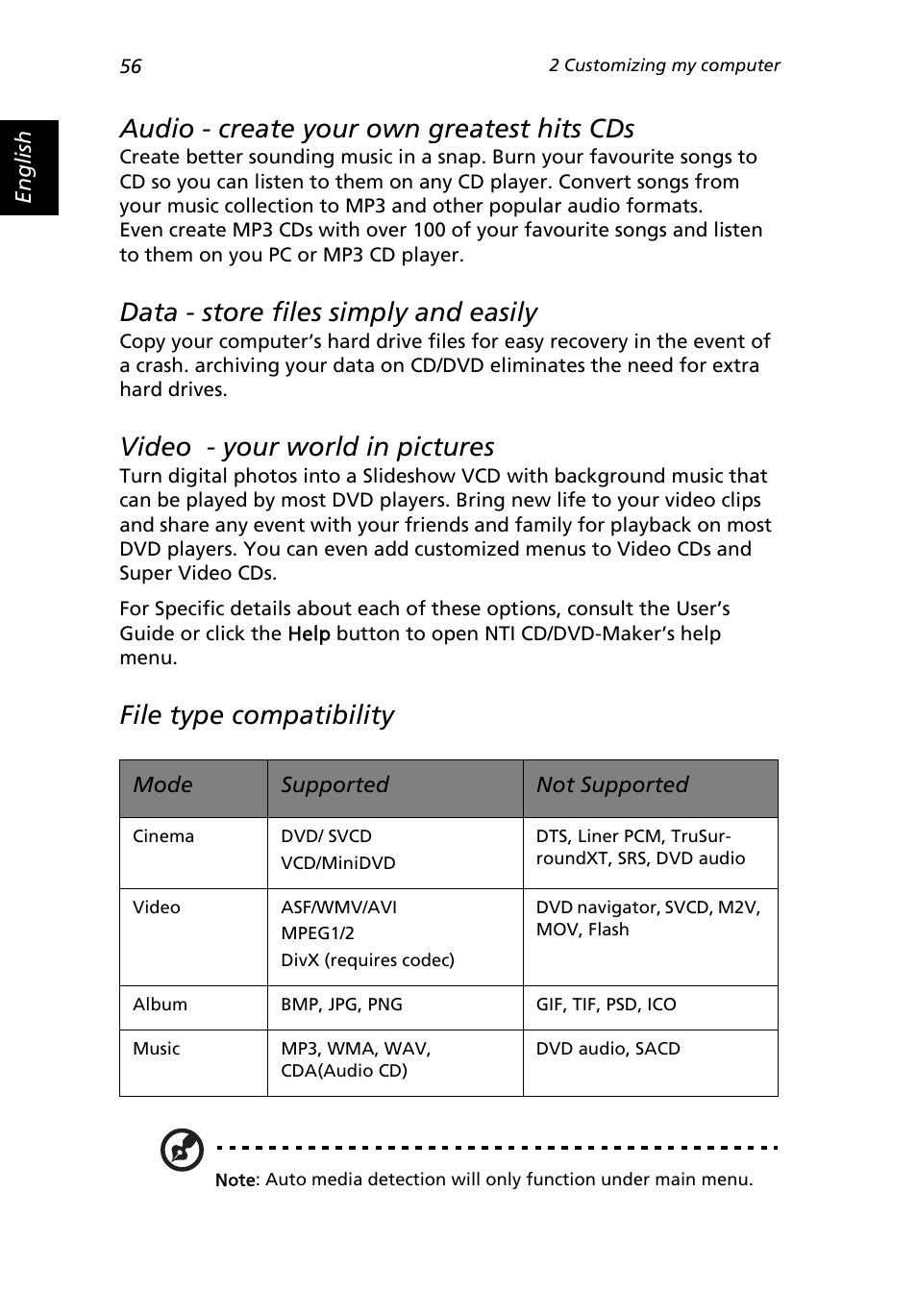 Audio - create your own greatest hits cds, Data - store files simply and easily, Video - your world in pictures | File type compatibility | Acer Extensa 3000 User Manual | Page 64 / 100