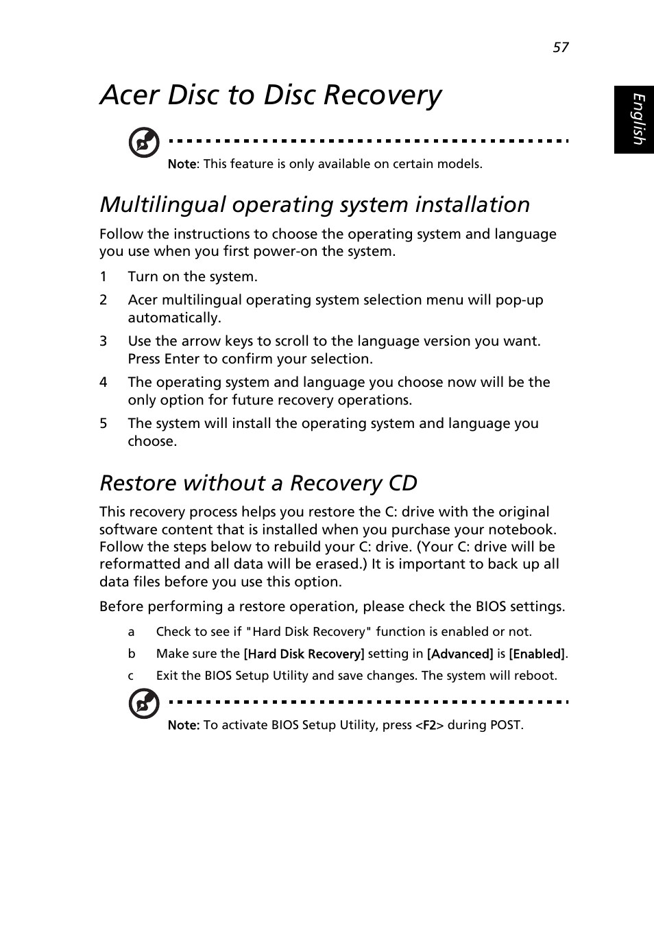 Acer disc to disc recovery, Multilingual operating system installation, Restore without a recovery cd | Acer Extensa 3000 User Manual | Page 65 / 100