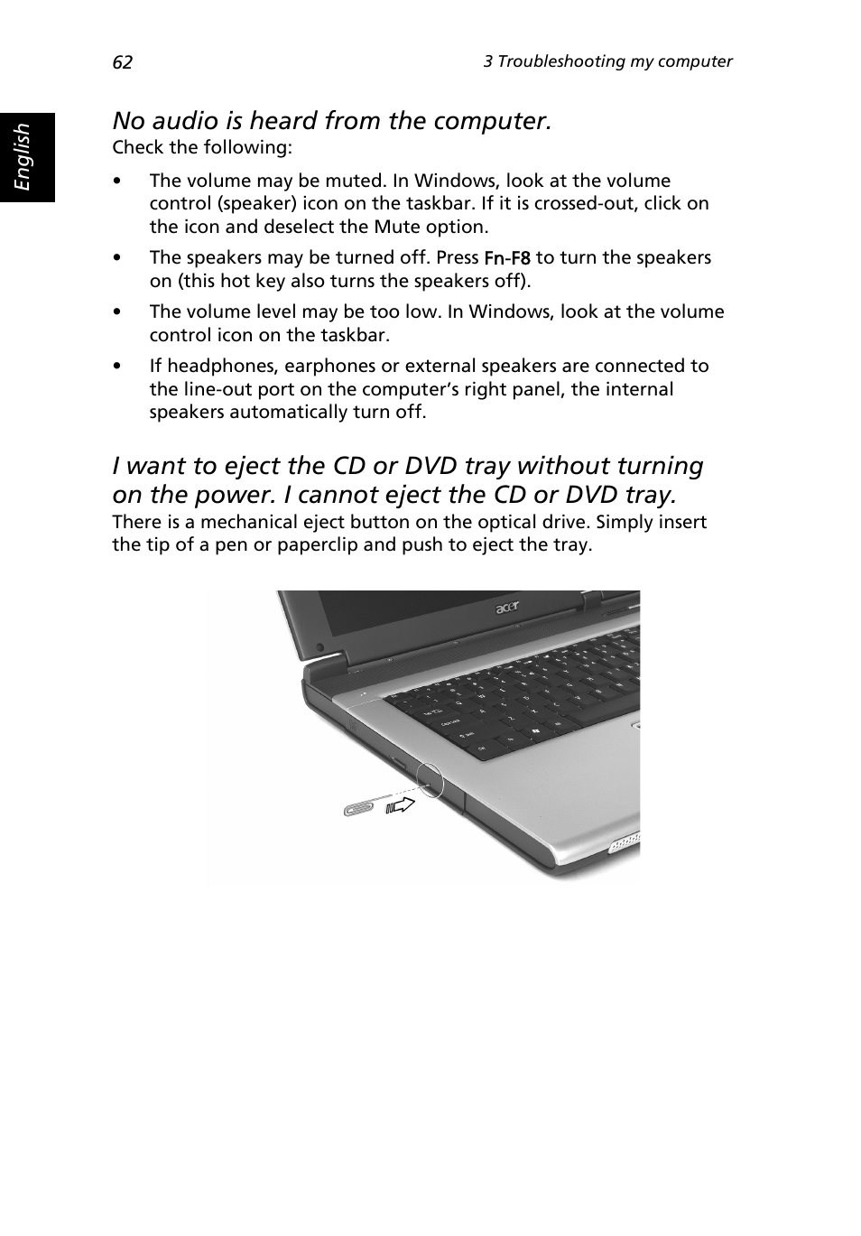 No audio is heard from the computer | Acer Extensa 3000 User Manual | Page 70 / 100