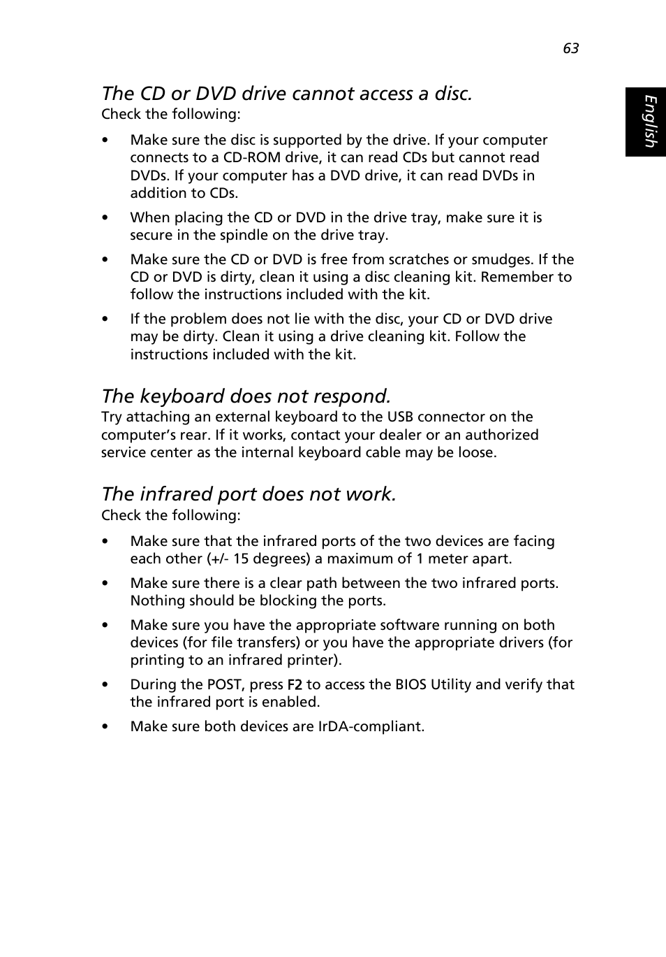 The cd or dvd drive cannot access a disc, The keyboard does not respond, The infrared port does not work | Acer Extensa 3000 User Manual | Page 71 / 100