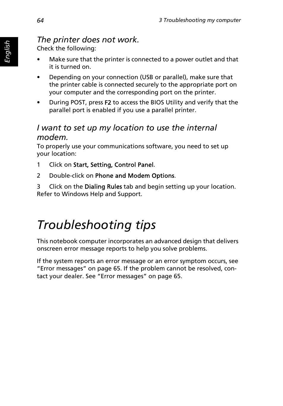 Troubleshooting tips, The printer does not work | Acer Extensa 3000 User Manual | Page 72 / 100