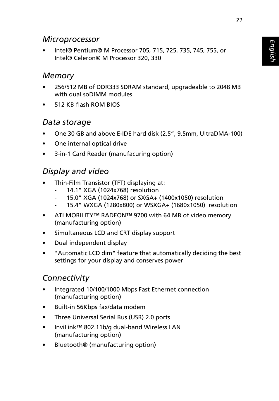 Microprocessor, Data storage, Display and video | Connectivity | Acer Extensa 3000 User Manual | Page 79 / 100