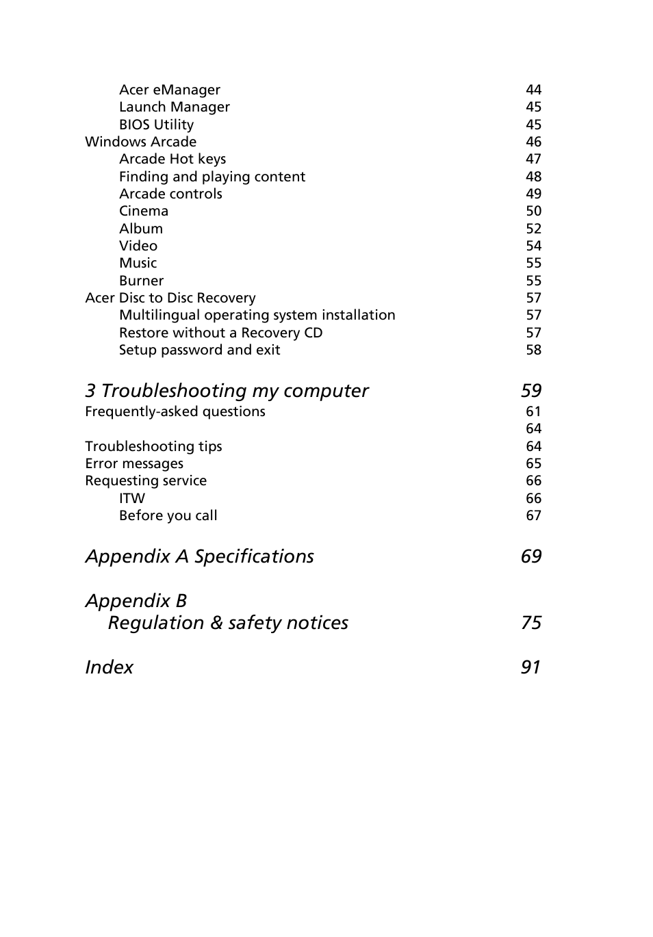 3 troubleshooting my computer 59 | Acer Extensa 3000 User Manual | Page 8 / 100