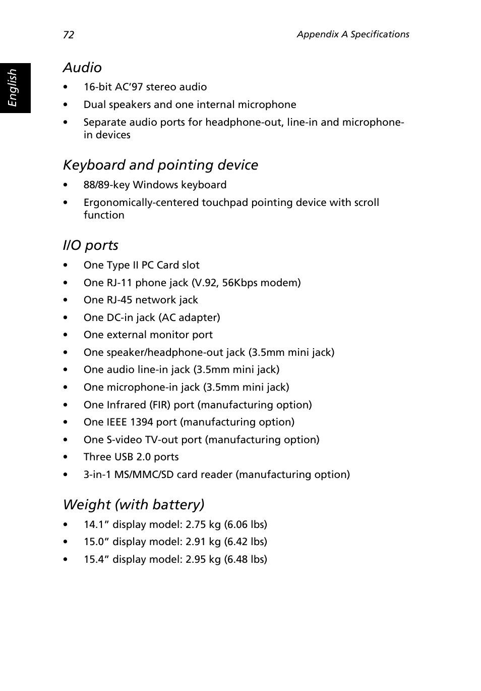 Audio, Keyboard and pointing device, I/o ports | Weight (with battery) | Acer Extensa 3000 User Manual | Page 80 / 100