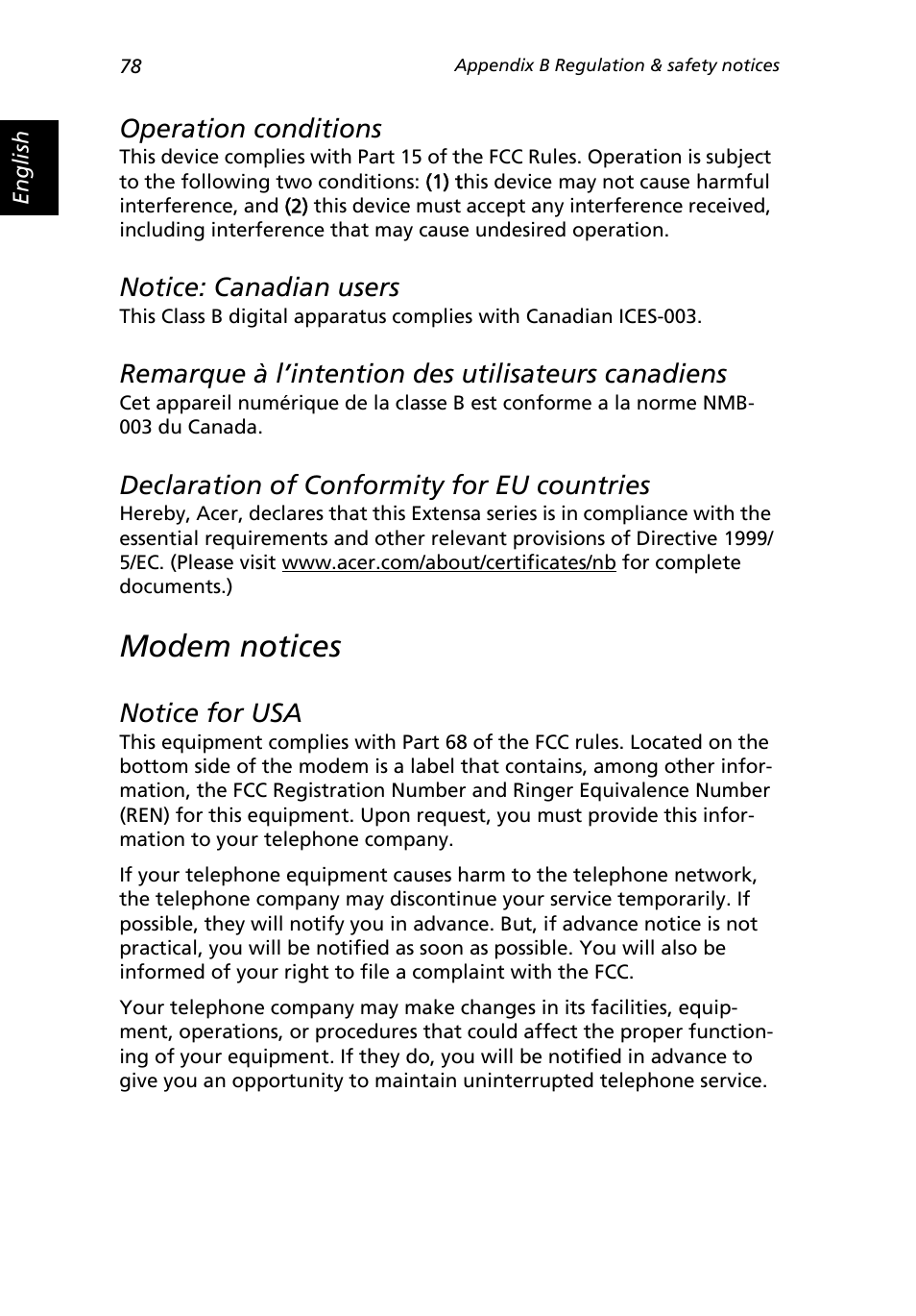 Modem notices, Operation conditions, Notice: canadian users | Remarque à l’intention des utilisateurs canadiens, Declaration of conformity for eu countries, Notice for usa | Acer Extensa 3000 User Manual | Page 86 / 100