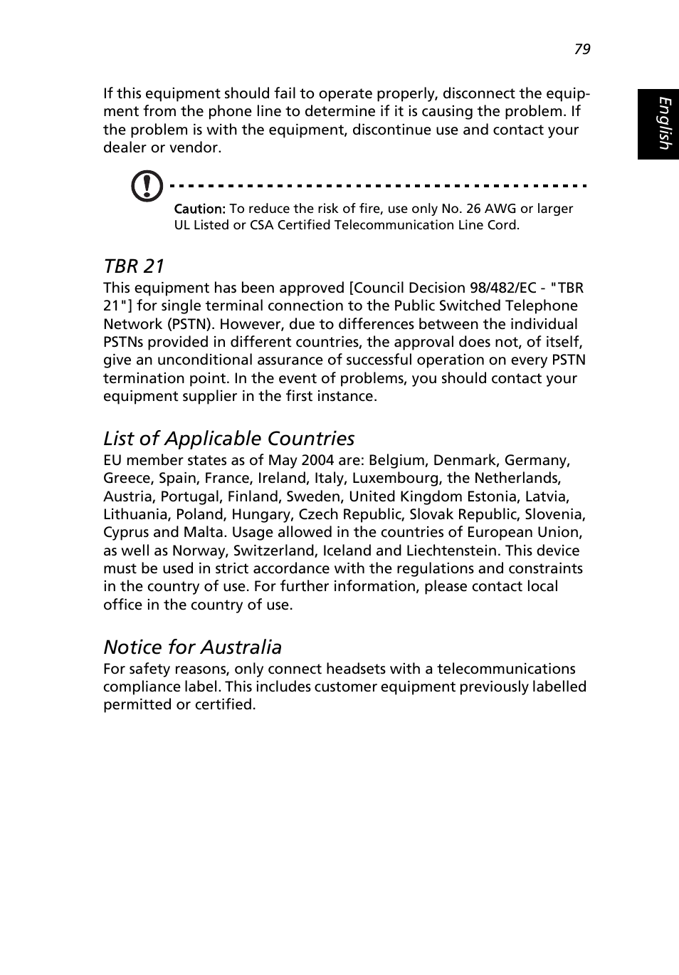 Tbr 21, List of applicable countries, Notice for australia | Acer Extensa 3000 User Manual | Page 87 / 100