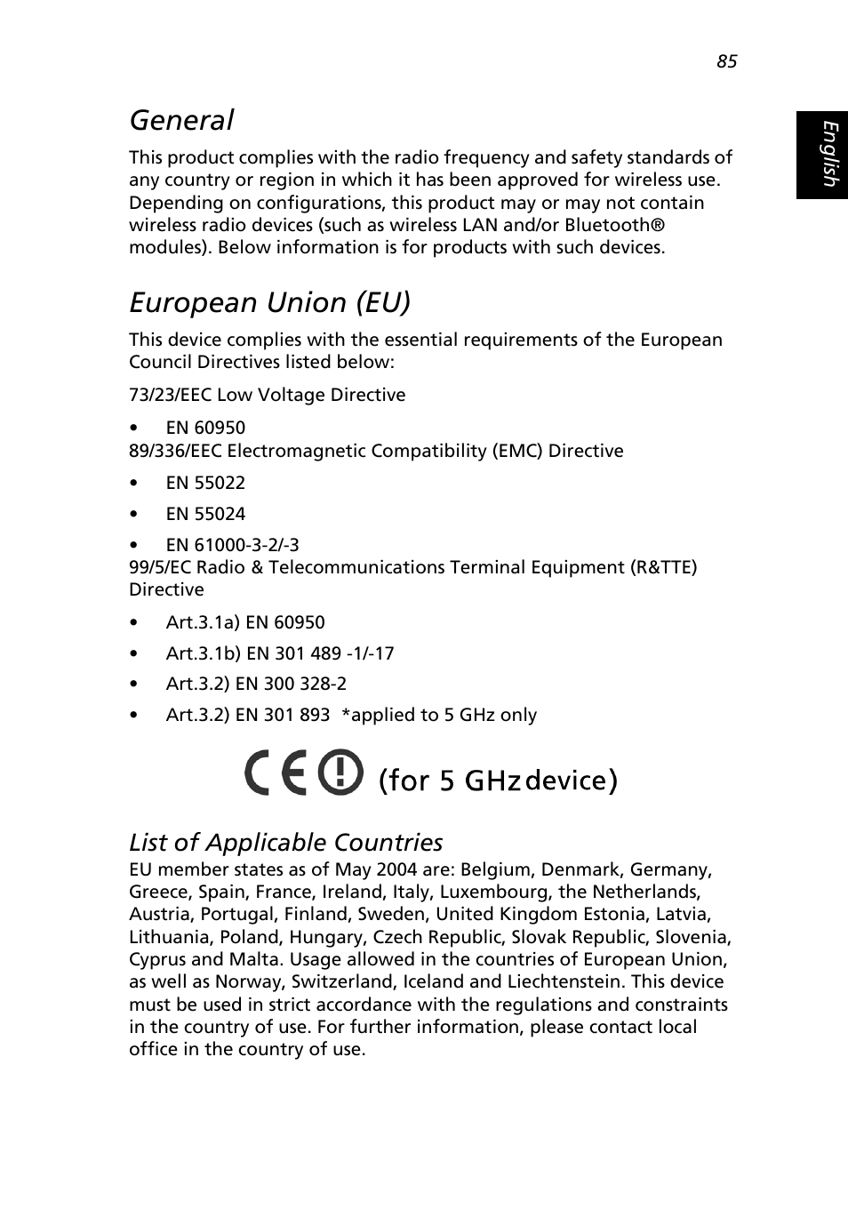 General, European union (eu), List of applicable countries | Acer Extensa 3000 User Manual | Page 93 / 100