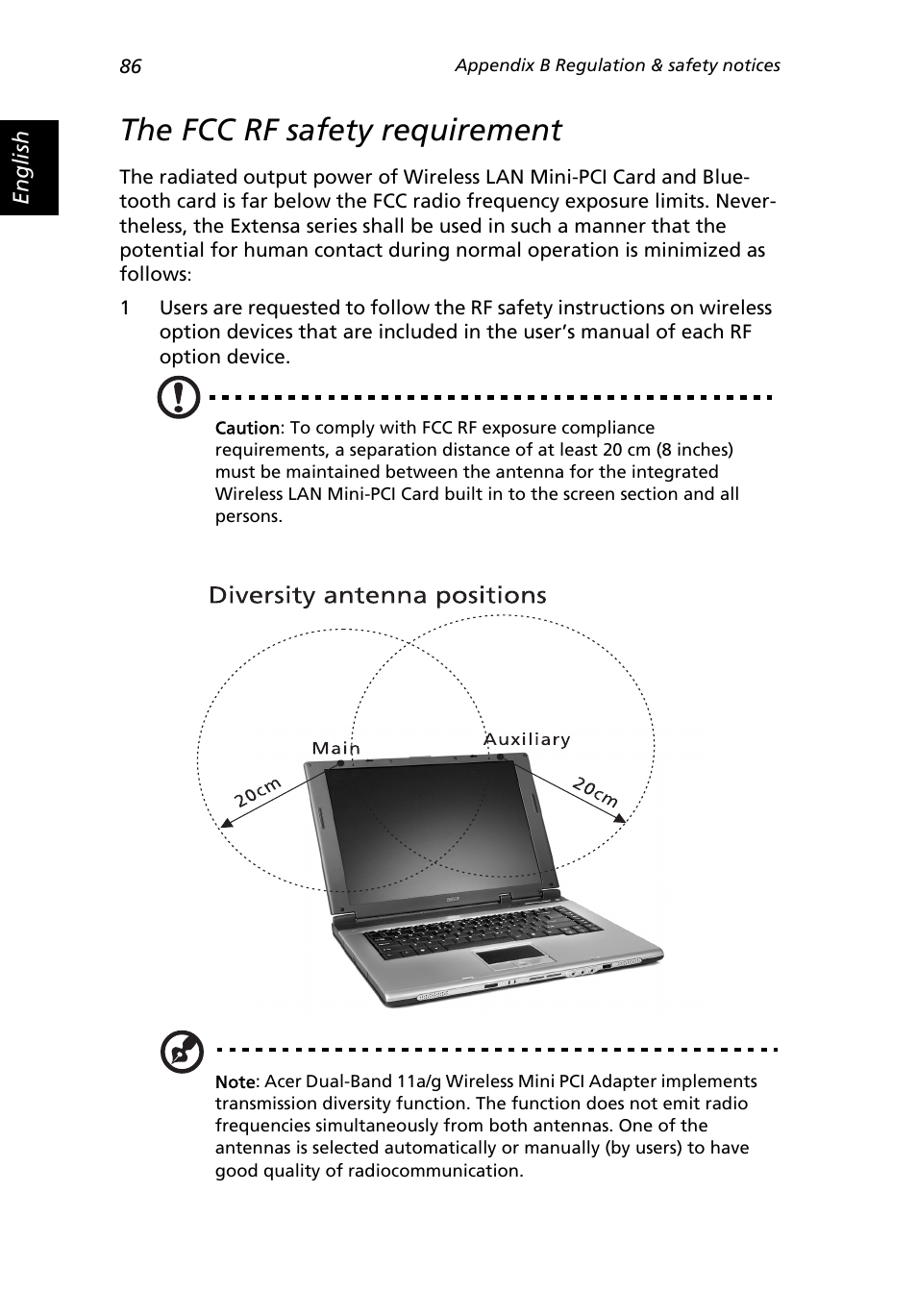 The fcc rf safety requirement | Acer Extensa 3000 User Manual | Page 94 / 100