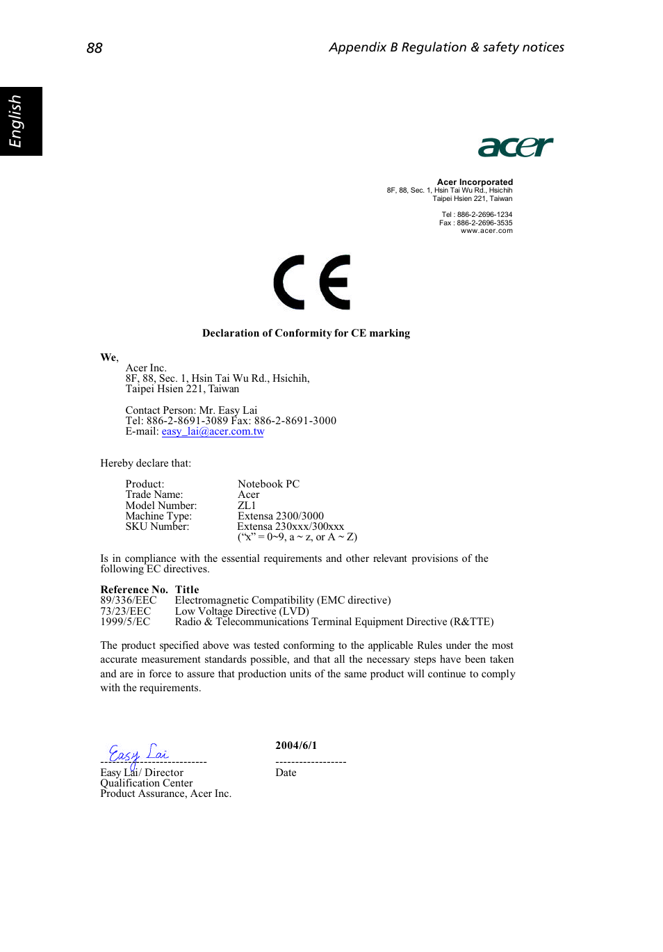 English | Acer Extensa 3000 User Manual | Page 96 / 100