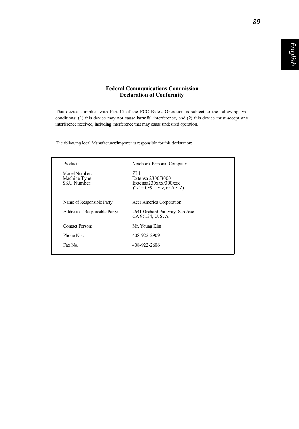 Eng lish eng lis h | Acer Extensa 3000 User Manual | Page 97 / 100
