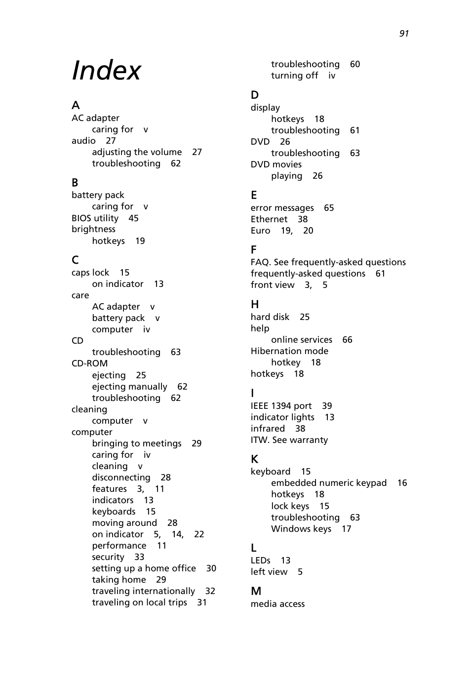 Index | Acer Extensa 3000 User Manual | Page 99 / 100