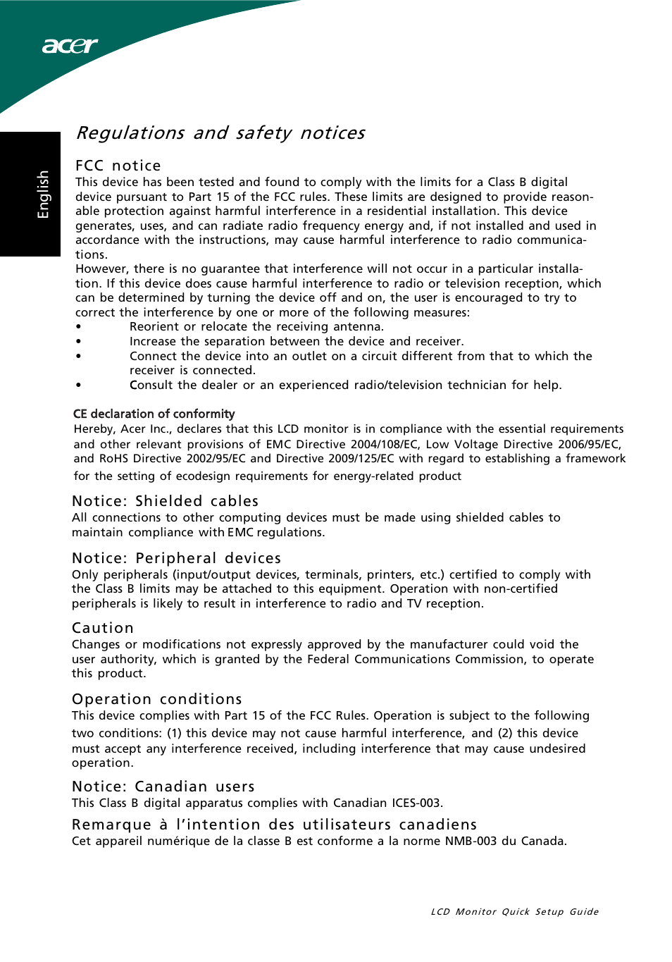 Regulations and safety notices | Acer S182HL User Manual | Page 2 / 3