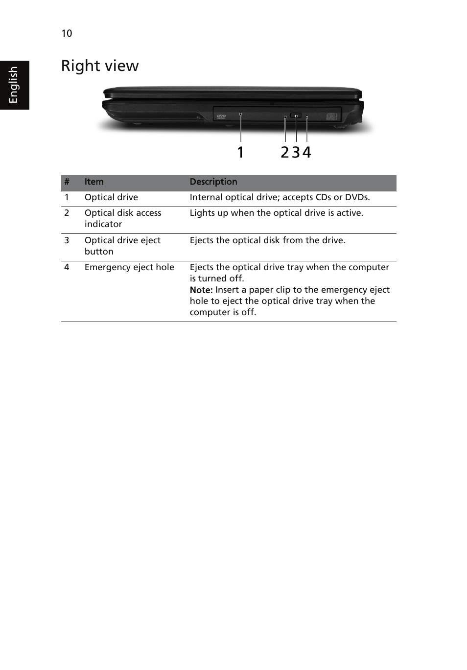 Right view | Acer Extensa 5630EZ User Manual | Page 10 / 14