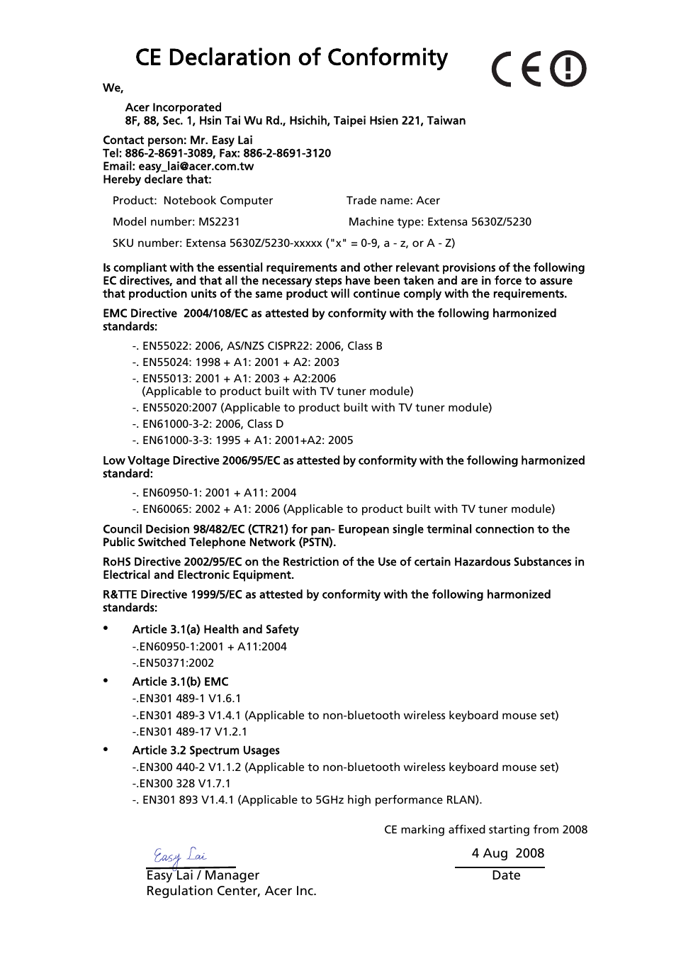 Ce declaration of conformity | Acer Extensa 5630EZ User Manual | Page 3 / 14