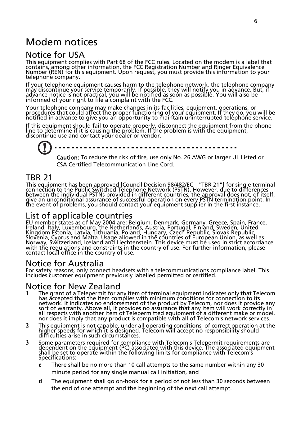 Modem notices, Notice for usa, Tbr 21 | List of applicable countries, Notice for australia, Notice for new zealand | Acer Aspire L3600 User Manual | Page 13 / 17